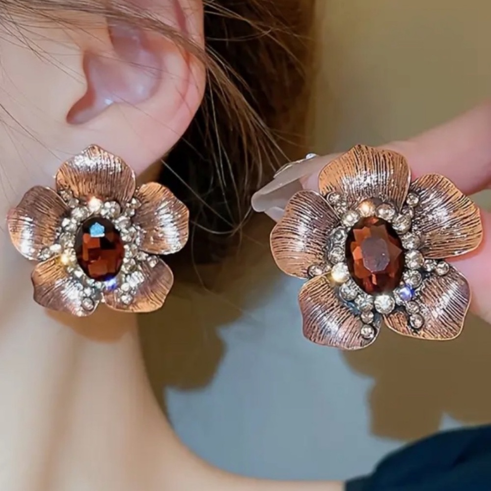 Copper flower rhinestone crystal cz large statement earrings